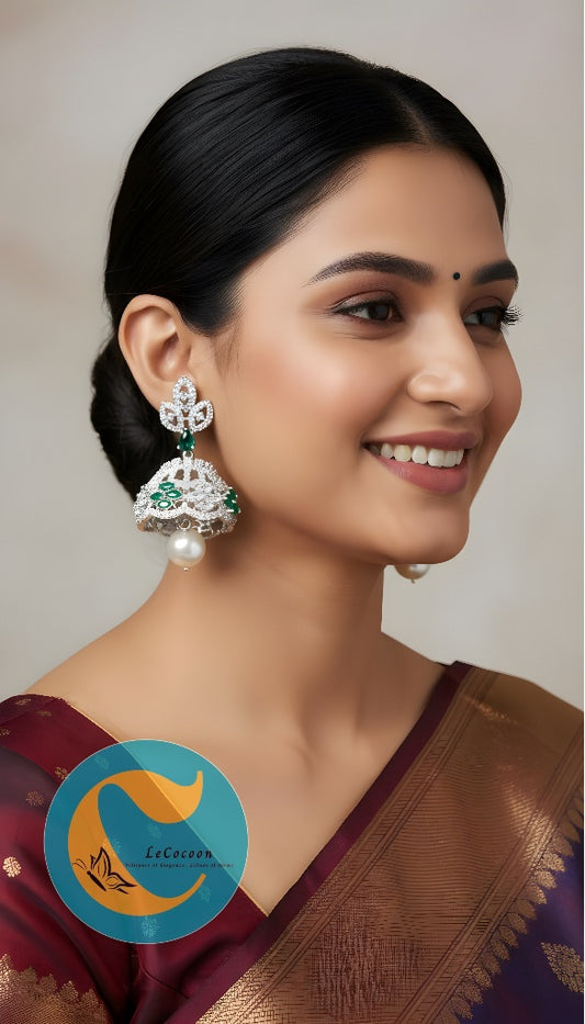 Elegant Emerald & Pearl Drop Earrings | Diamond Finish CZ Stones