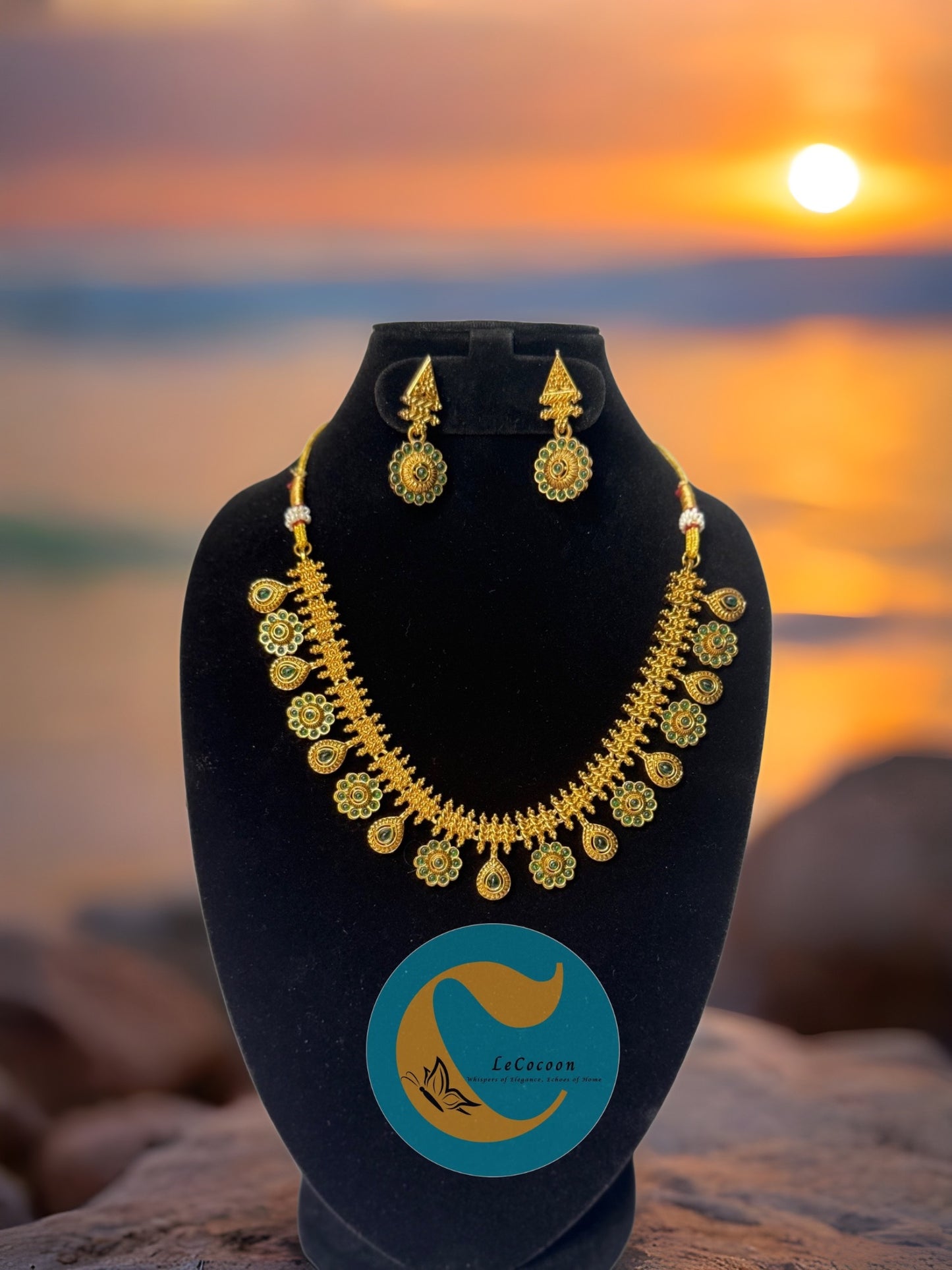 Floral Necklace Set  Green Stones