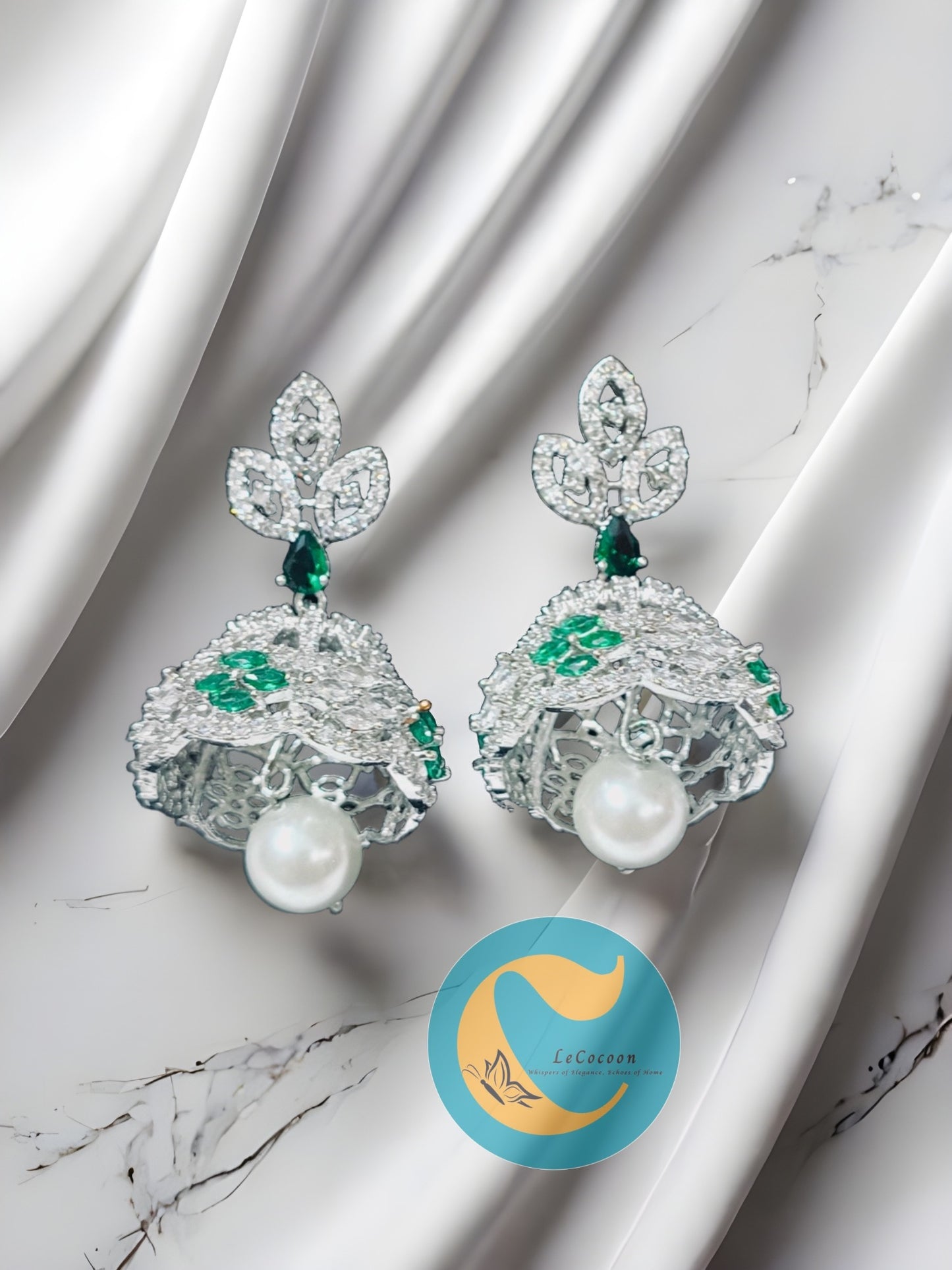 Elegant Emerald & Pearl Drop Earrings | Diamond Finish CZ Stones