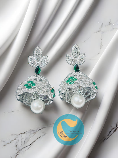Elegant Emerald & Pearl Drop Earrings | Diamond Finish CZ Stones