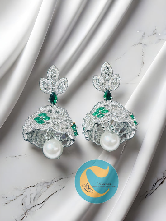 Elegant Emerald & Pearl Drop Earrings | Diamond Finish CZ Stones