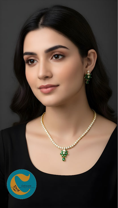 Green Floral American Diamond Necklace Set with Earrings