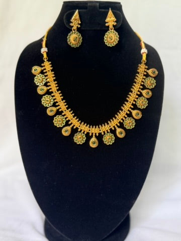 Floral Necklace Set  Green Stones
