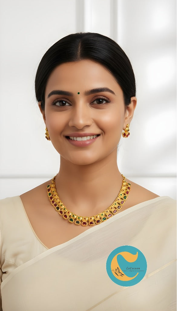 Traditional Kemp Stone Necklace Set with Earrings Multicolour