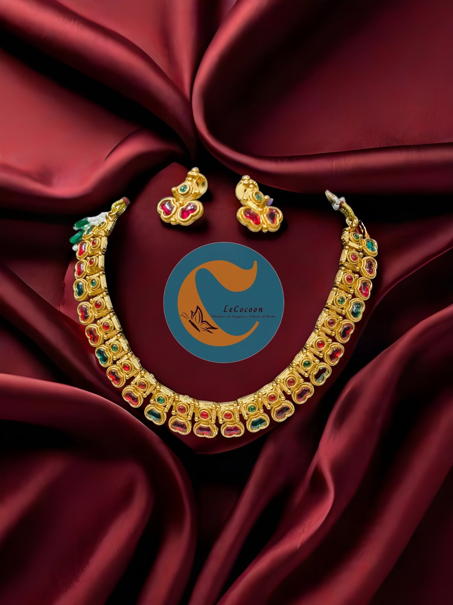 Traditional Kemp Stone Necklace Set with Earrings Multicolour