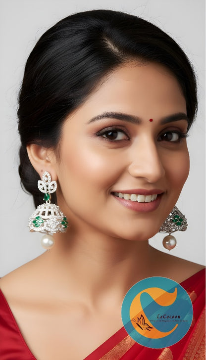 Elegant Emerald & Pearl Drop Earrings | Diamond Finish CZ Stones