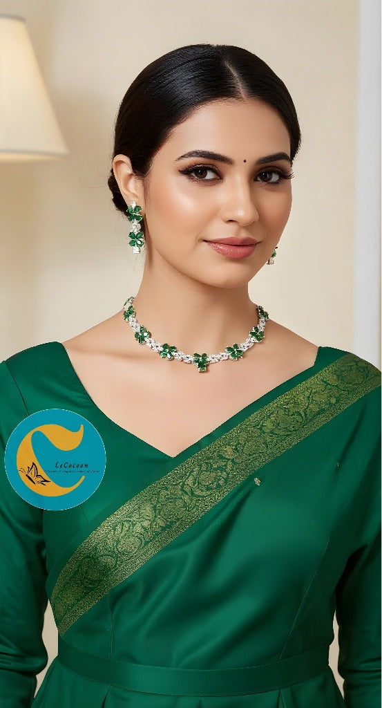 Green Floral American Diamond Necklace Set with Earrings