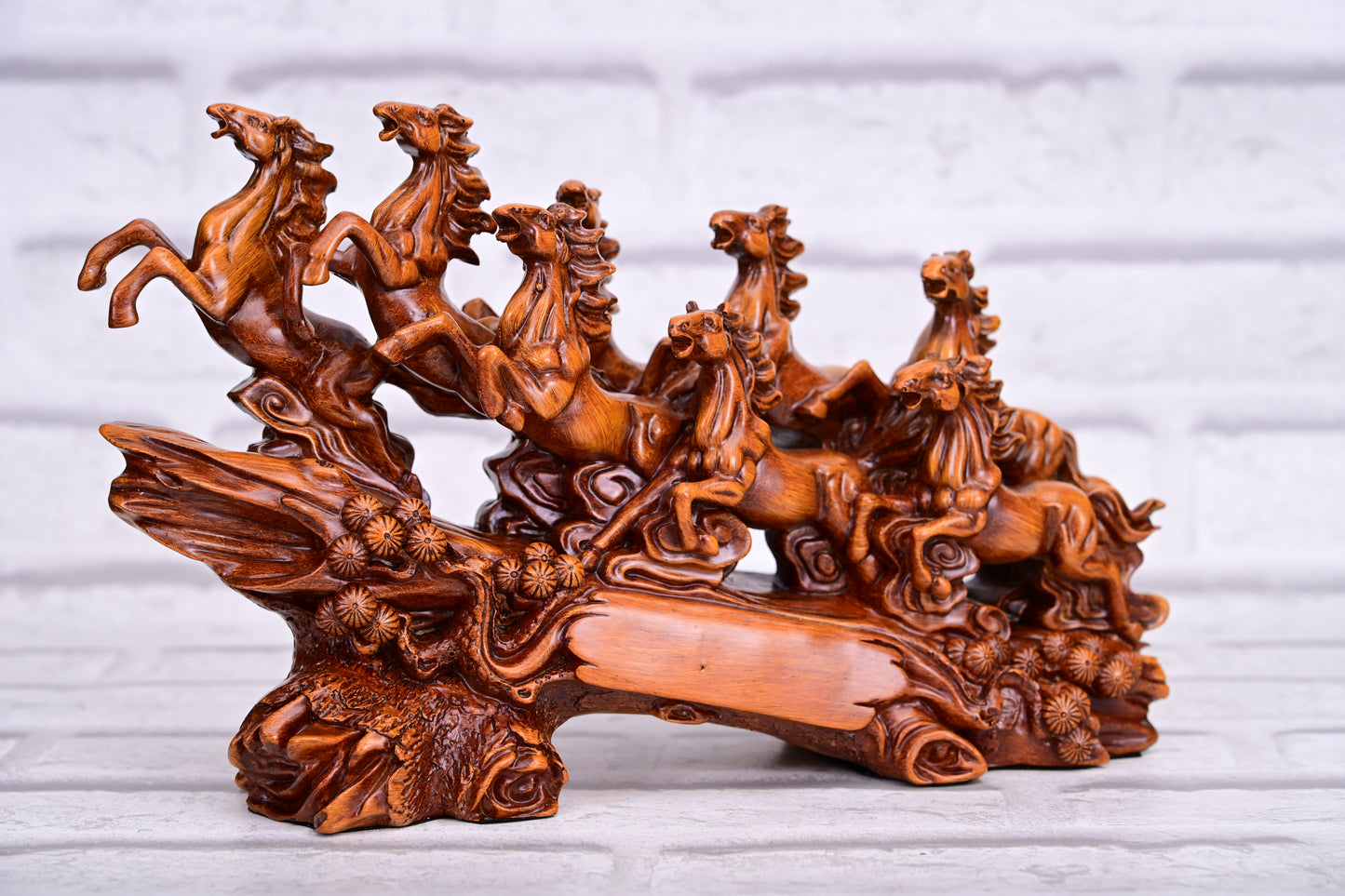 7 Galloping Horses in Wood-Finish – Symbol of Power & Prosperity