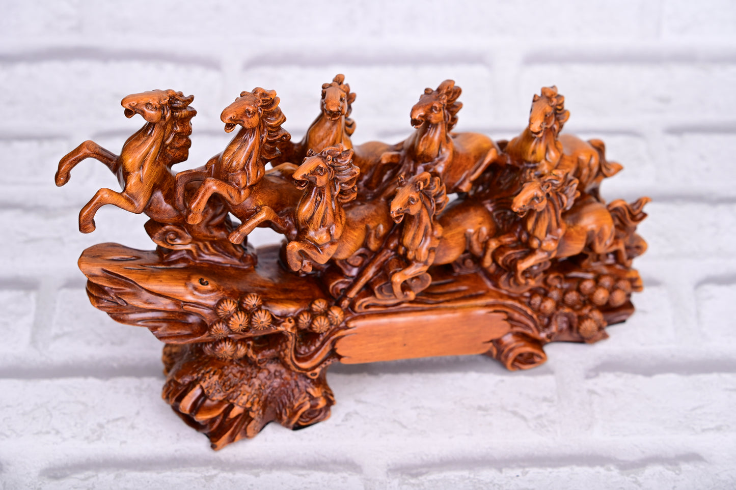 7 Galloping Horses in Wood-Finish – Symbol of Power & Prosperity