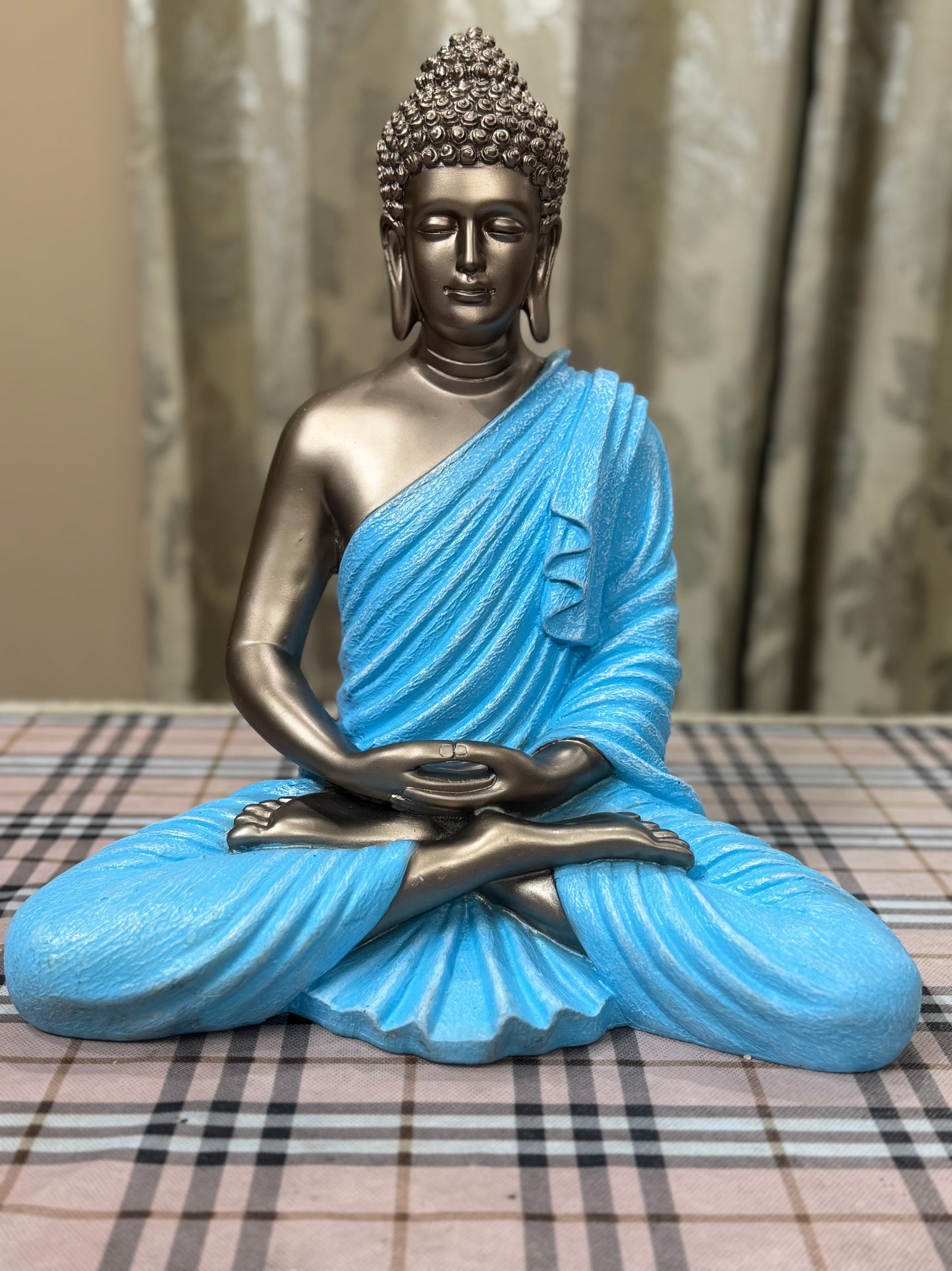 Tranquil Bronze Buddha | 36cm Stone-Finish Meditation Idol in Sky Blue