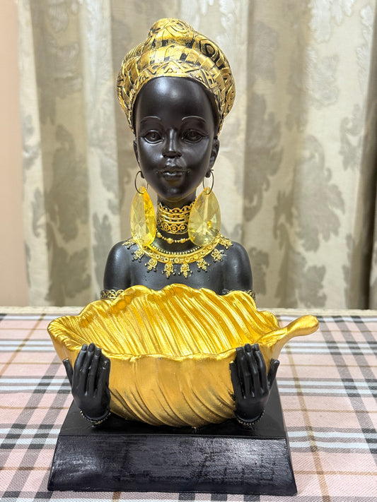 Golden Grace Giver | 28cm African Lady Resin Sculpture with Bowl