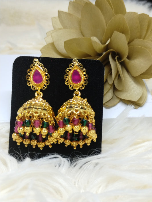 Royal Ruby-Green Temple Jhumka Earrings