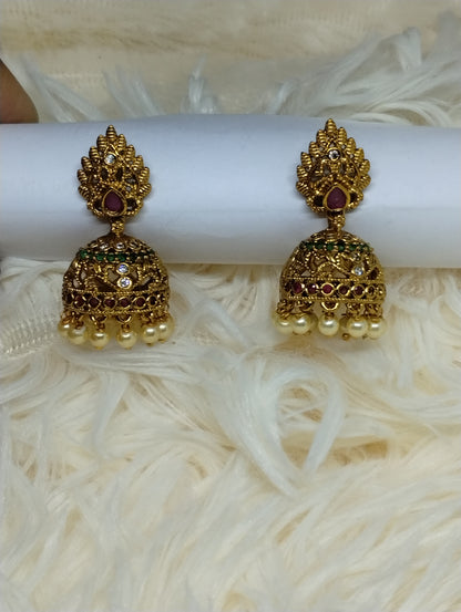 Antique Peacock Glow Temple Jhumka Earrings