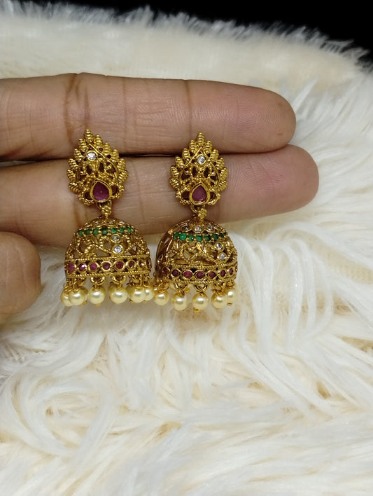 Antique Peacock Glow Temple Jhumka Earrings