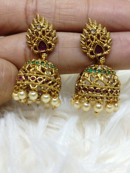 Antique Peacock Glow Temple Jhumka Earrings