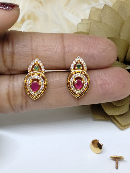 Ethereal Glow Ruby-Green American Diamond Stud Earrings