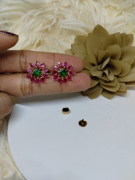 Emerald-Green & Rose Pink Floral Studs