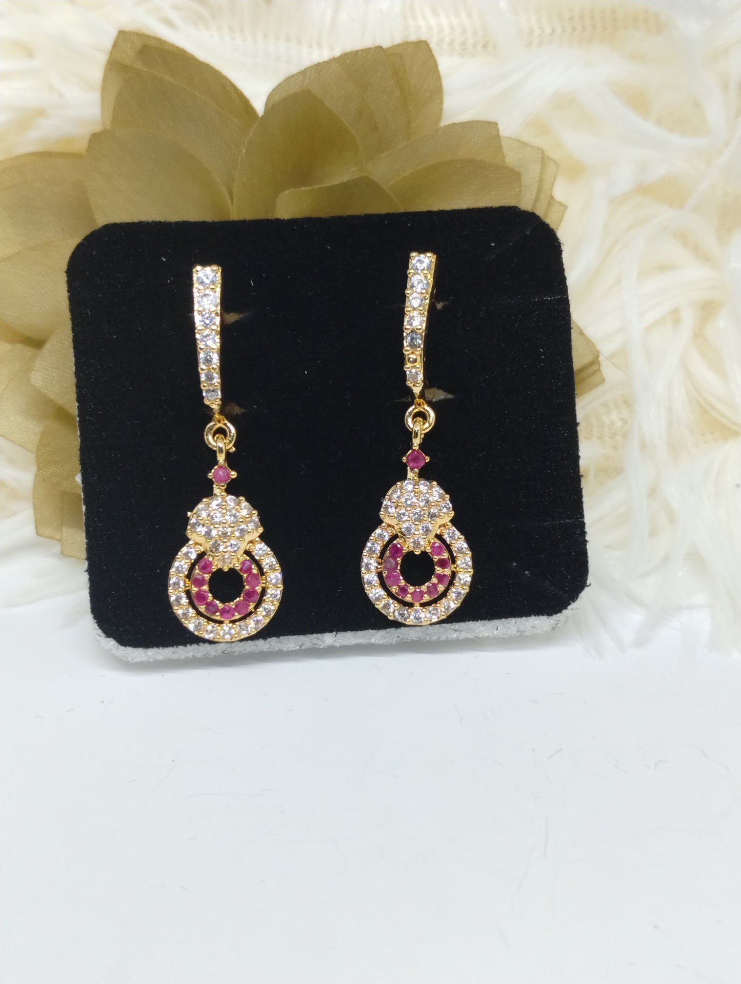Rosette Gleam Pink American Diamond Dangler Earrings
