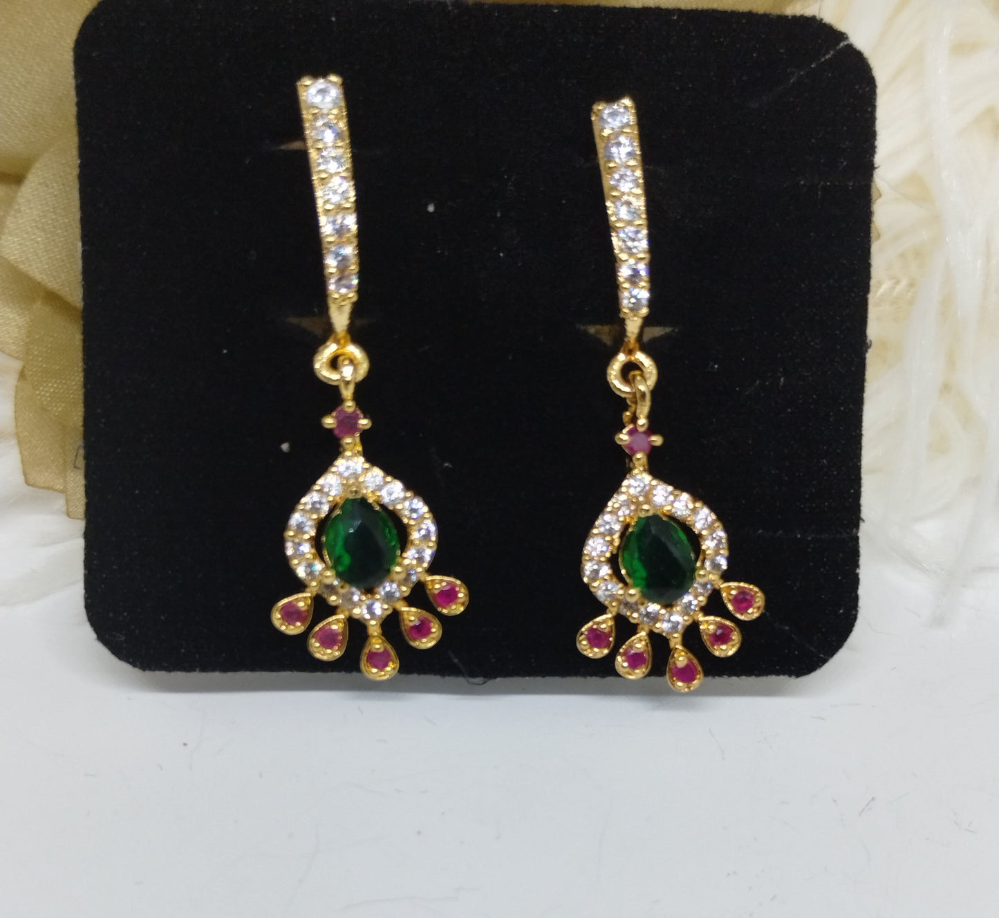 Emerald & Pink Drop American Diamond Dangler Earrings