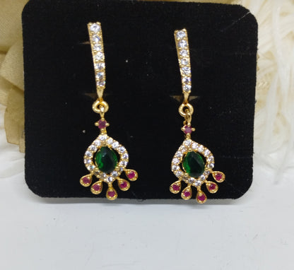 Emerald & Pink Drop American Diamond Dangler Earrings