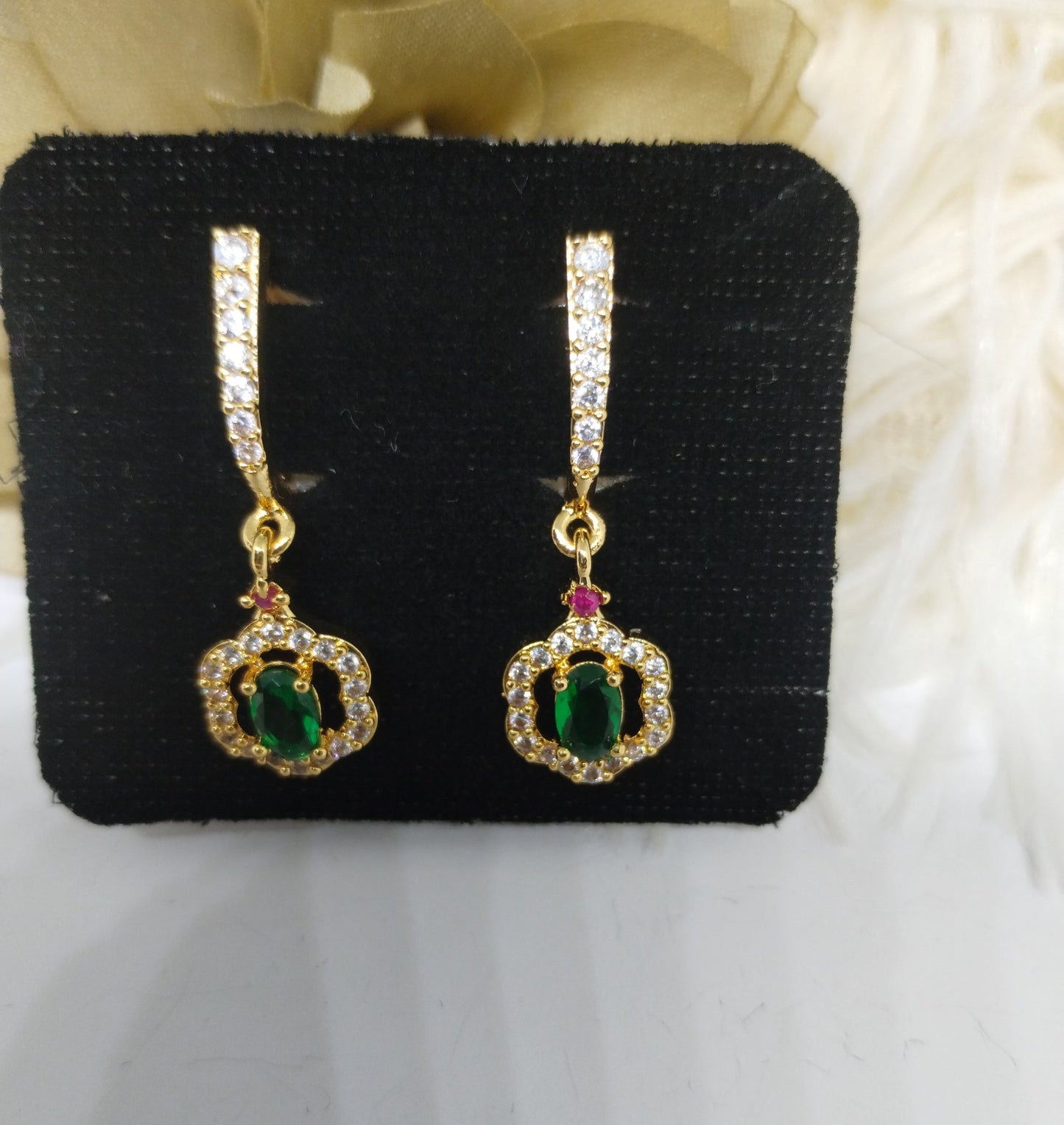 Crown-Style AD Earrings with Green Stone