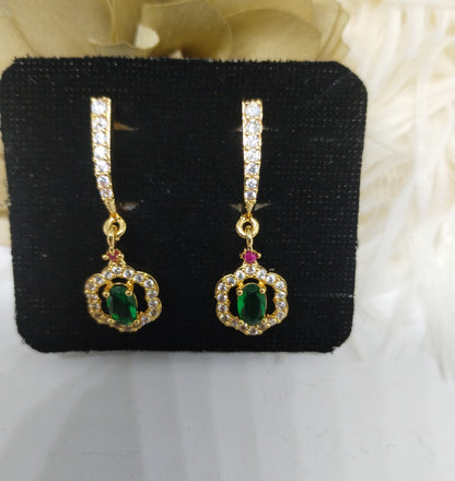 Crown-Style AD Earrings with Green Stone