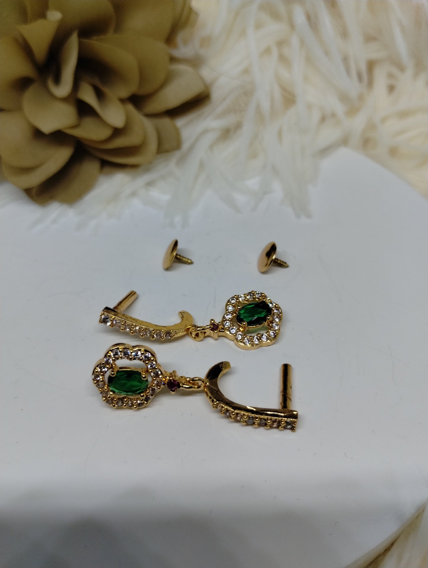 Crown-Style AD Earrings with Green Stone