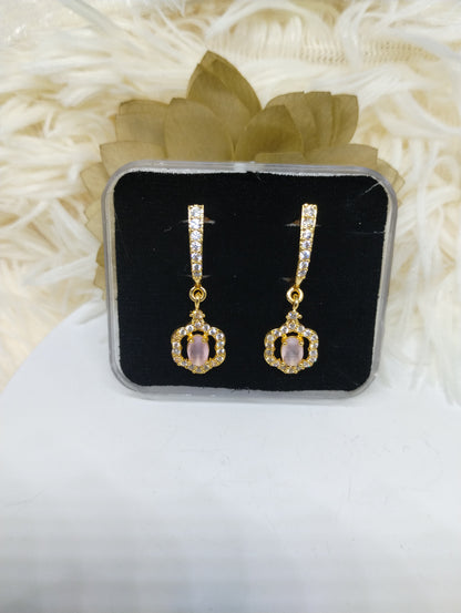Crown-Style AD Earrings with Rose Quartz Stone