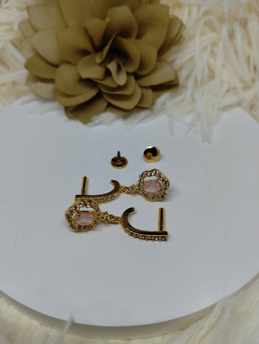 Crown-Style AD Earrings with Rose Quartz Stone