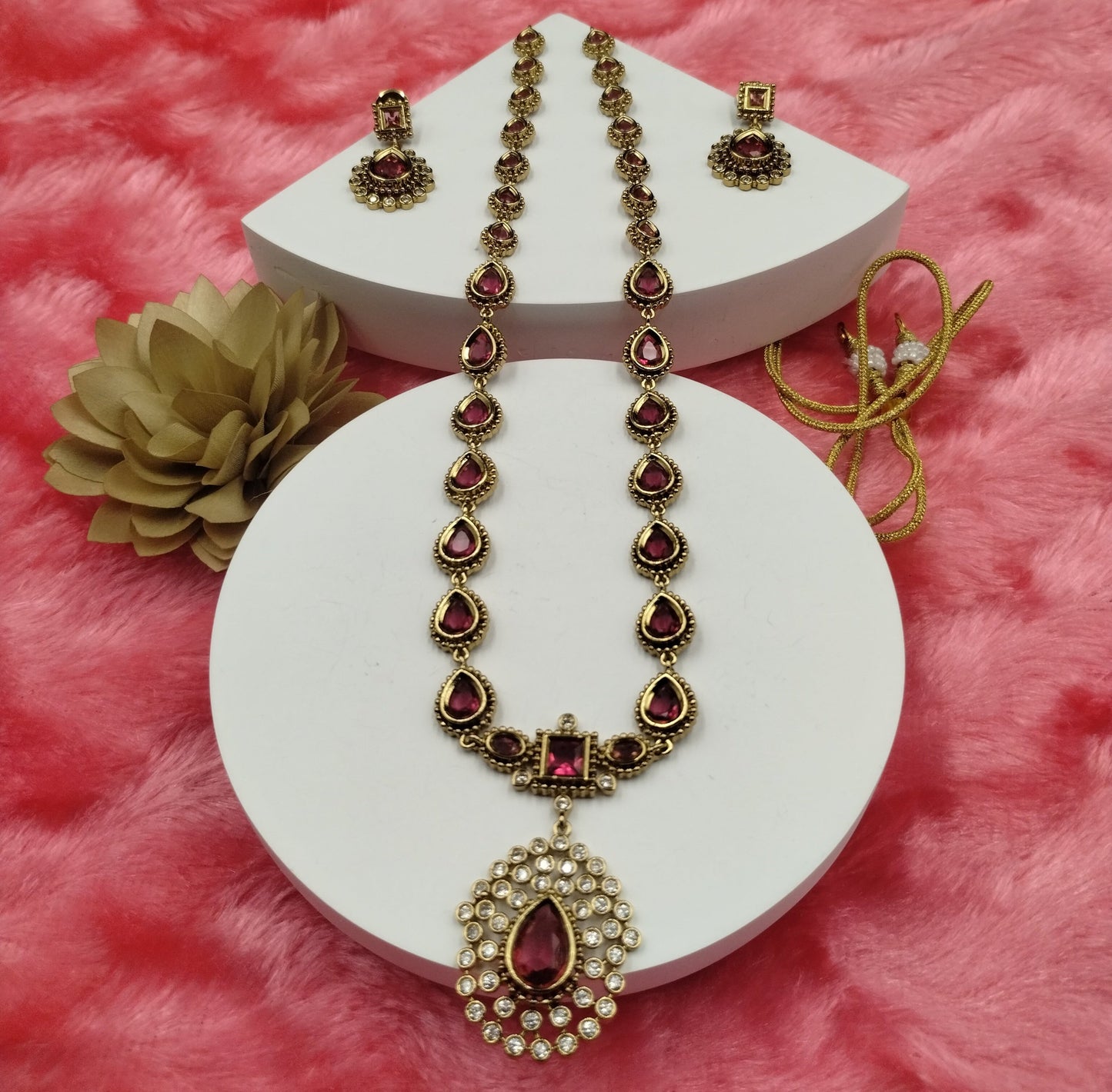 Ruby Red Pear Drop Stone Necklace Set with Earrings