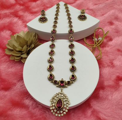 Ruby Red Pear Drop Stone Necklace Set with Earrings