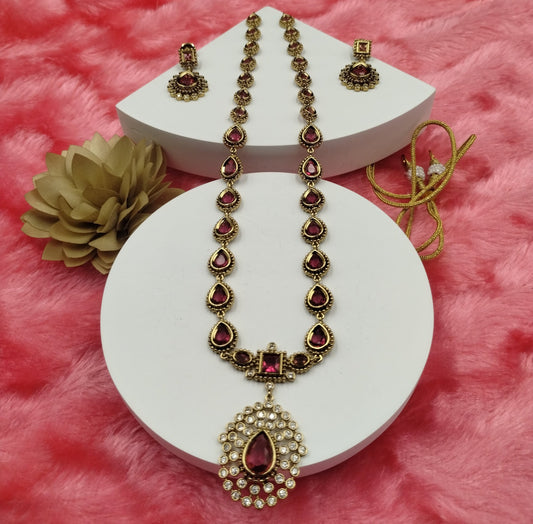 Ruby Red Pear Drop Stone Necklace Set with Earrings