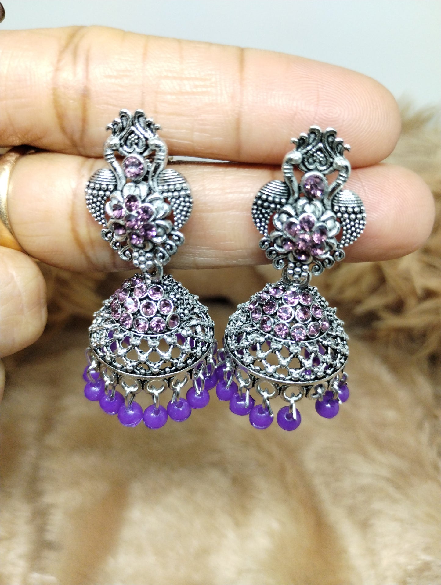 Floral Crystal Oxidised Jhumkas