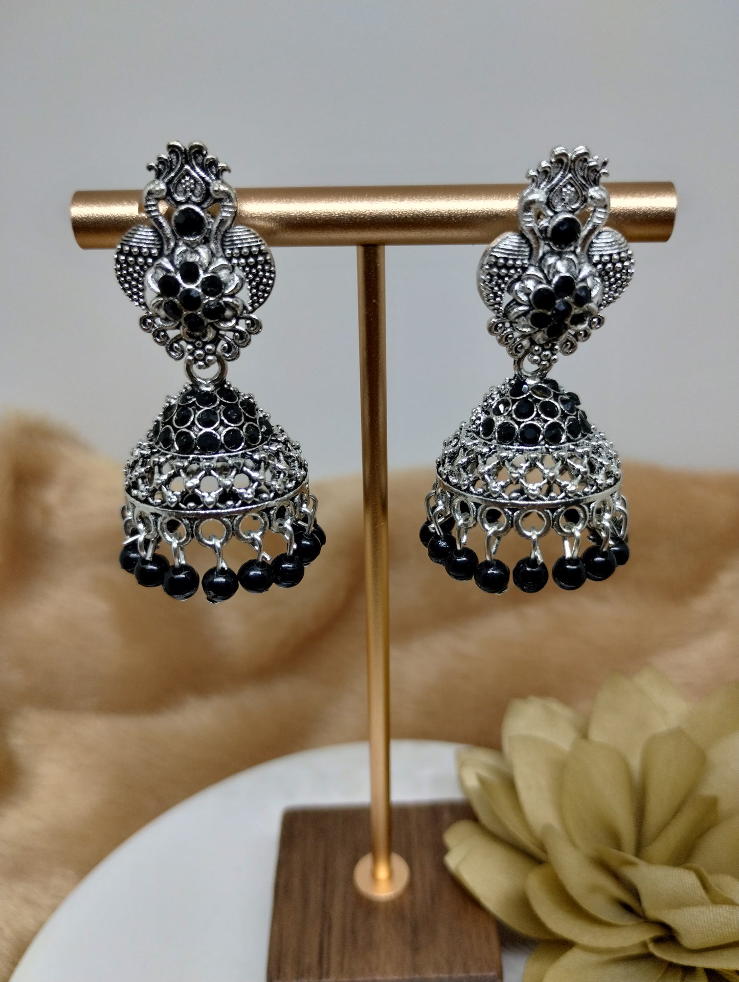 Floral Crystal Oxidised Jhumkas