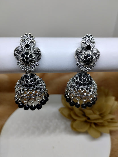 Floral Crystal Oxidised Jhumkas