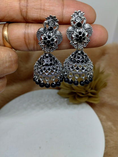 Floral Crystal Oxidised Jhumkas