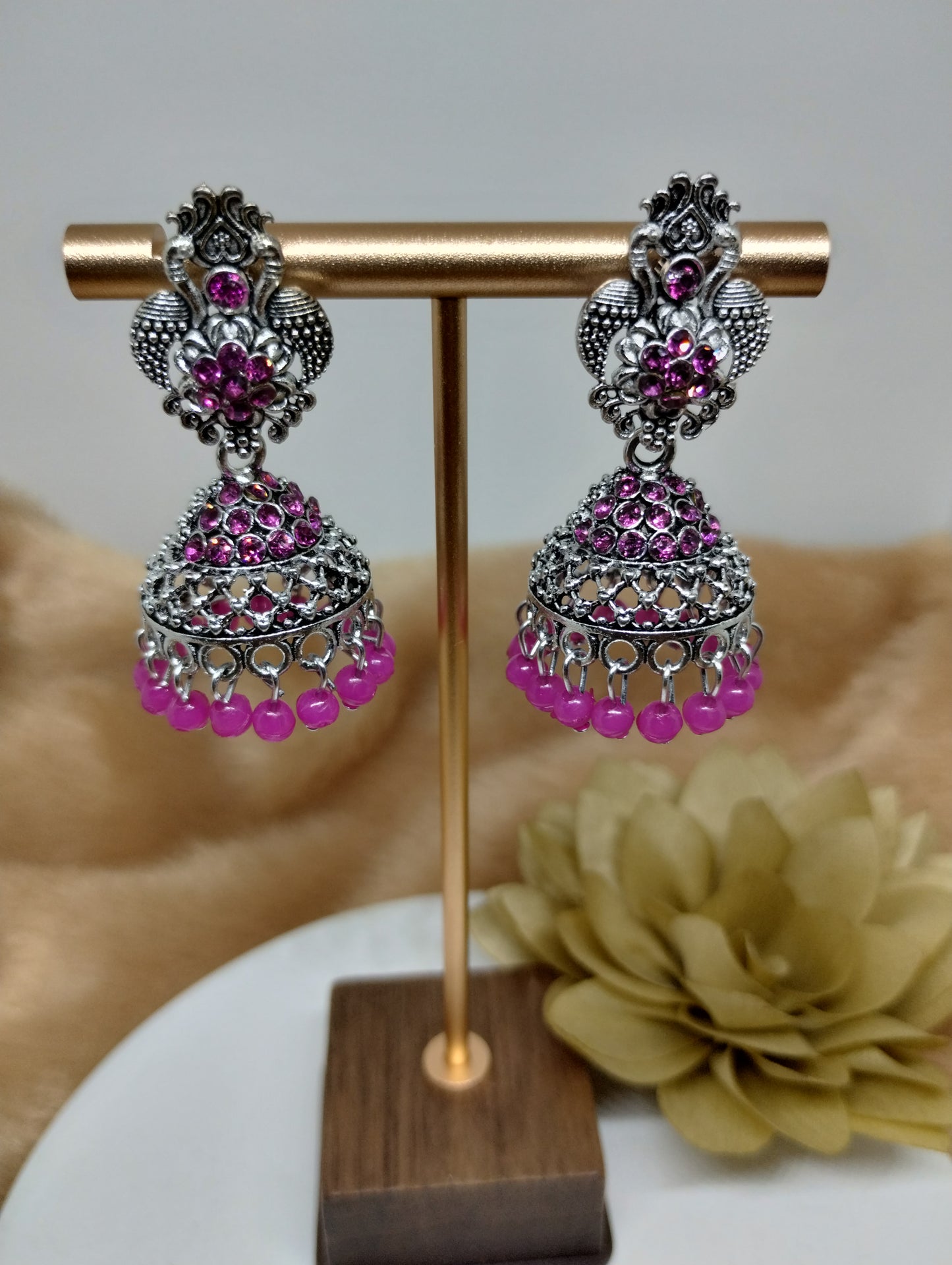 Floral Crystal Oxidised Jhumkas