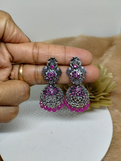 Floral Crystal Oxidised Jhumkas