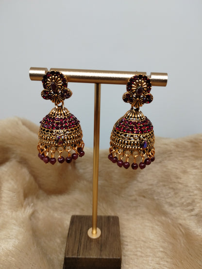 Royal Antique Gold Crystal Dome Jhumka Earrings