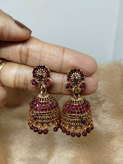Royal Antique Gold Crystal Dome Jhumka Earrings