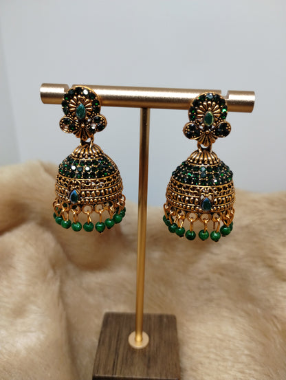 Royal Antique Gold Crystal Dome Jhumka Earrings