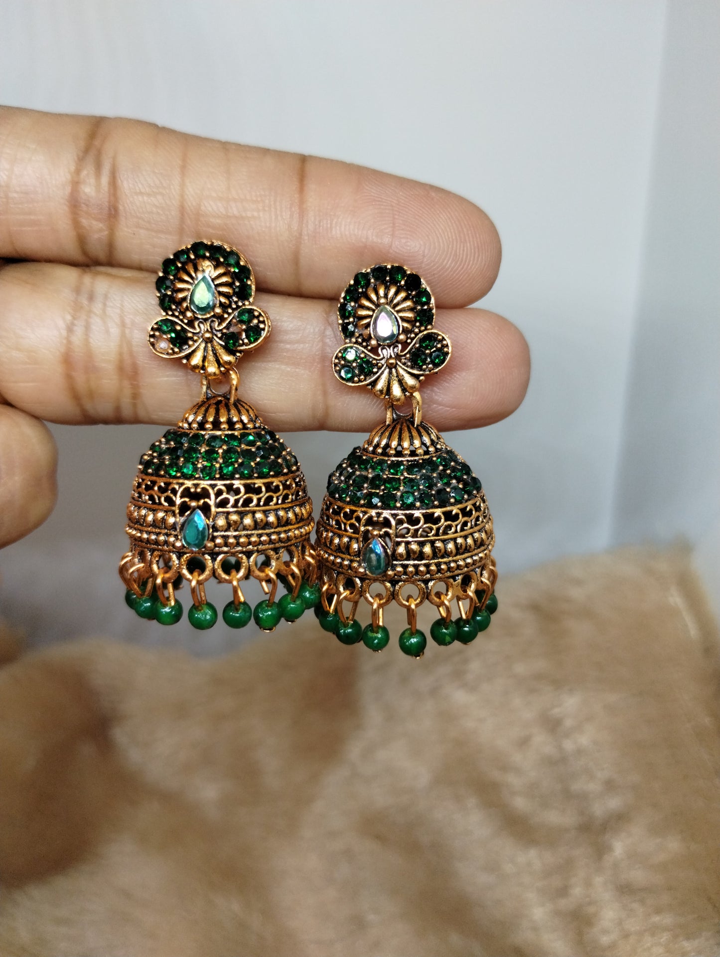 Royal Antique Gold Crystal Dome Jhumka Earrings
