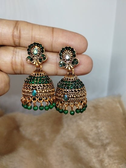 Royal Antique Gold Crystal Dome Jhumka Earrings