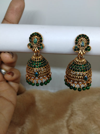 Royal Antique Gold Crystal Dome Jhumka Earrings