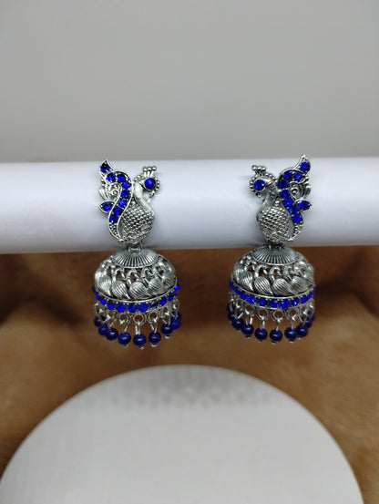 Peacock Grace Oxidised Jhumka Earrings