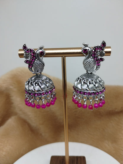 Peacock Grace Oxidised Jhumka Earrings