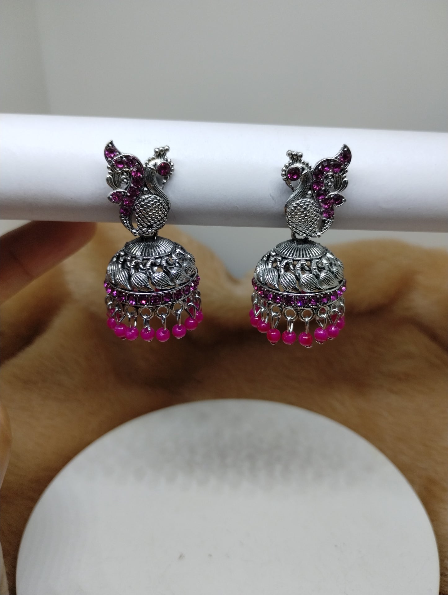 Peacock Grace Oxidised Jhumka Earrings