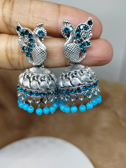 Peacock Grace Oxidised Jhumka Earrings