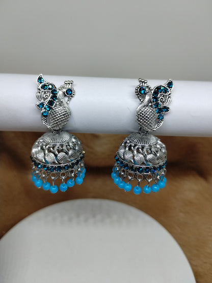 Peacock Grace Oxidised Jhumka Earrings