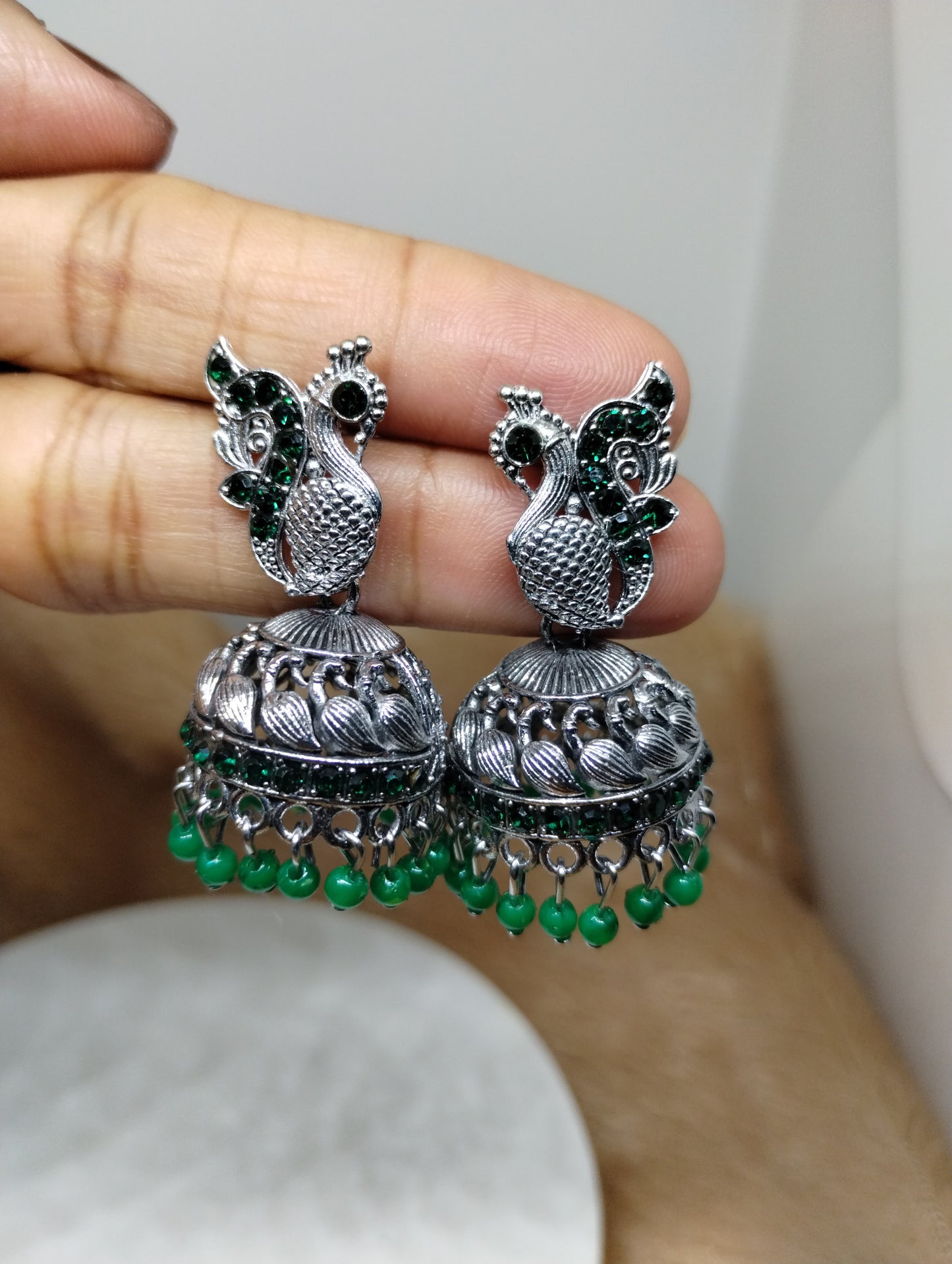 Peacock Grace Oxidised Jhumka Earrings
